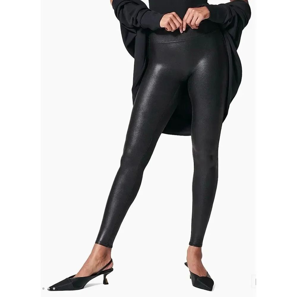 Spanx black faux leather high rise leggings size M